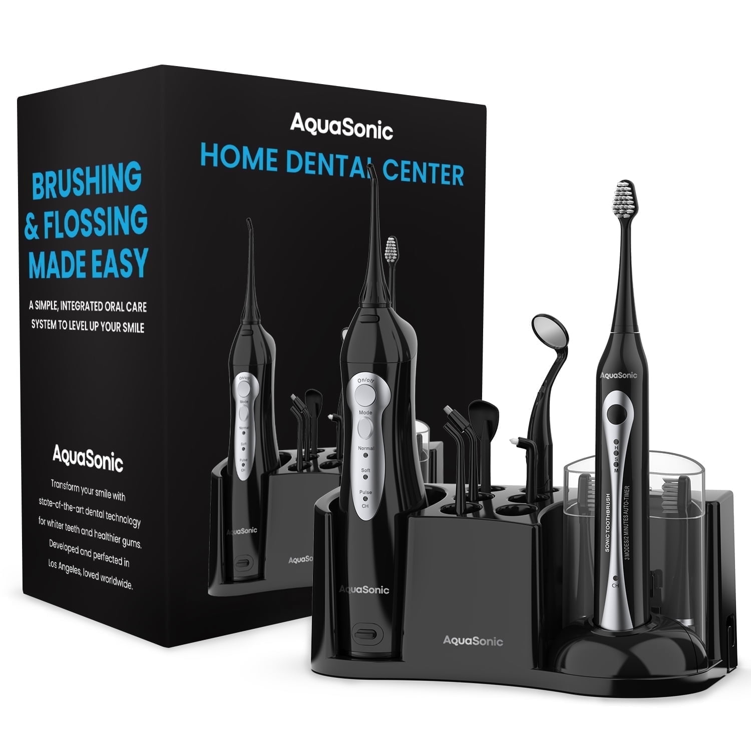 Aquasonic Home Dental Center - Electric Sonic Toothbrush & Smart Water Flosser Combo, 3 Cleaning Modes, Inductive Charging, Auto Timer, Complete Oral Care Kit for Family (Black)