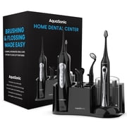 Aquasonic Home Dental Center - Electric Sonic Toothbrush & Smart Water Flosser Combo, 3 Cleaning Modes, Inductive Charging, Auto Timer, Complete Oral Care Kit for Family Black