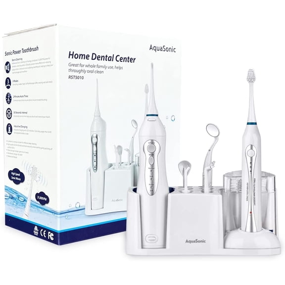 Aquasonic Home Dental Center - Electric Sonic Toothbrush & Smart Water Flosser Combo, 3 Cleaning Modes, Inductive Charging, Auto Timer, Complete Oral Care Kit for Family (White)