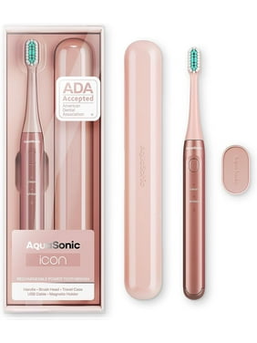 Aquasonic Icon Electric Toothbrush Rechargeable w/ Magnetic Holder & Slim Travel Case, 2 Brushing Modes Blush