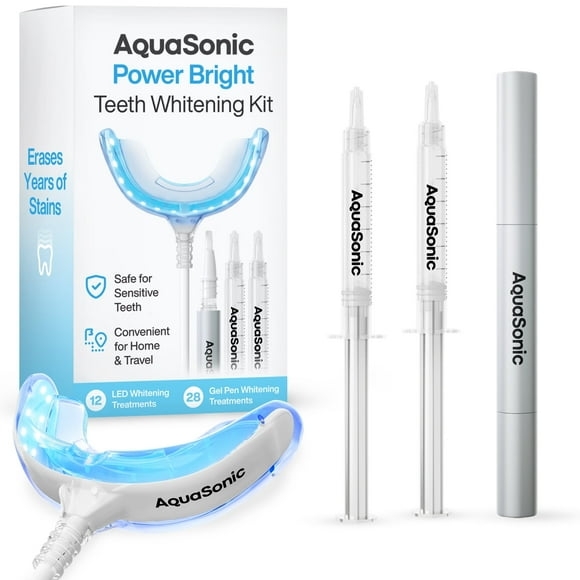 Aquasonic Power Bright 3-in-1 Teeth Whitening System - Professional Grade Gel, LED Blue Light, Travel Pen, Brighter Smile
