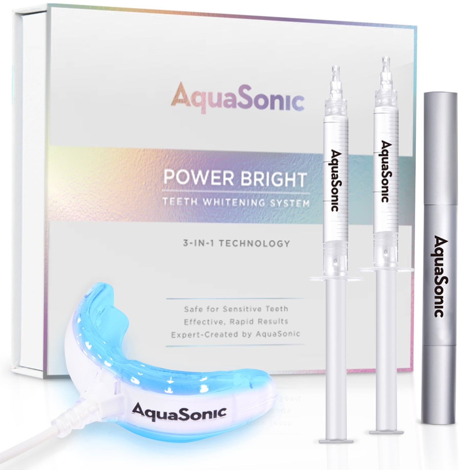 Aquasonic Power Bright 3-in-1 Teeth Whitening System - Professional Grade Gel, LED Blue Light, Travel Pen, Brighter Smile