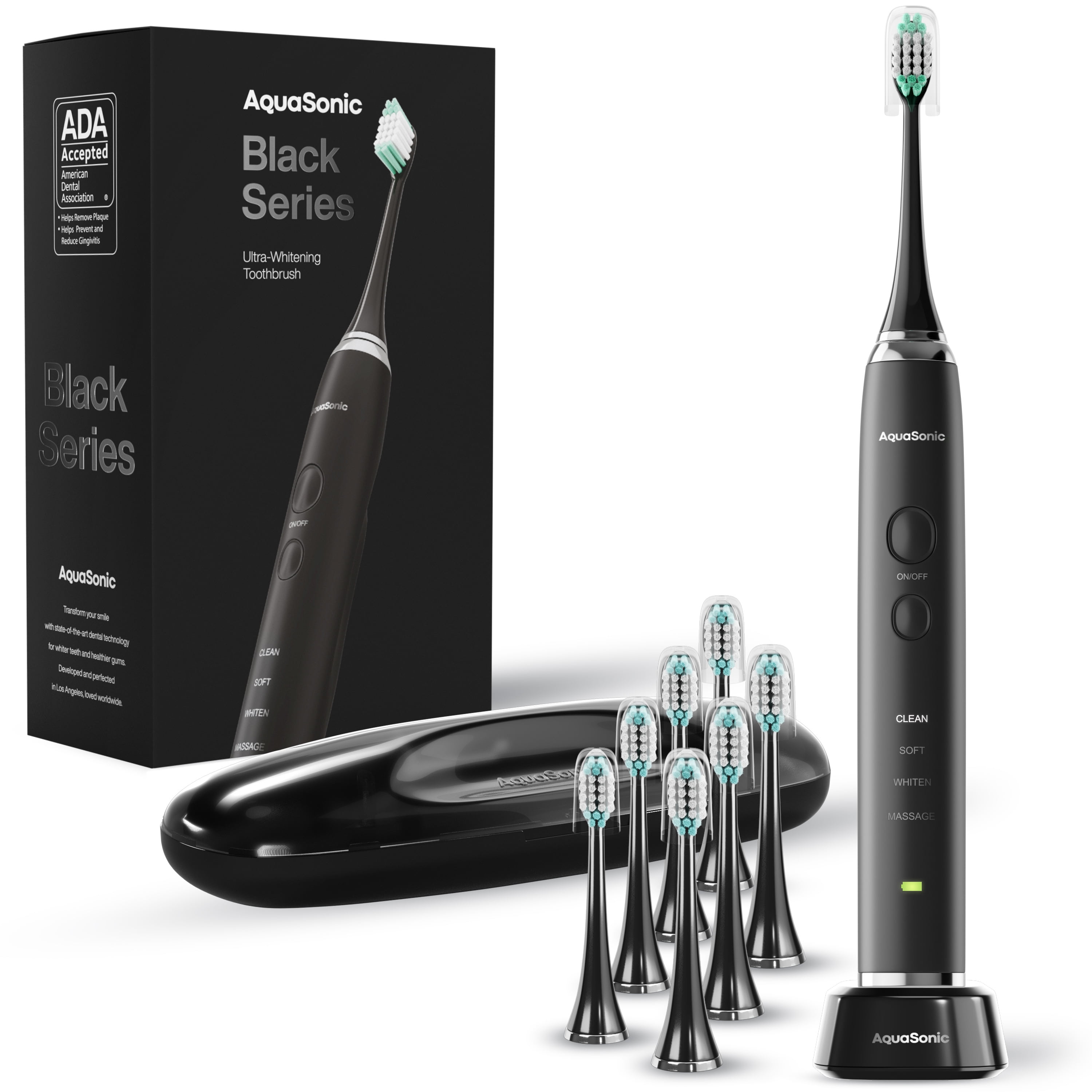 Aquasonic Premium Electric Toothbrush Set, Rechargeable, 4 Modes, Travel Case, 8 Brush Heads - Black Series - Walmart.com