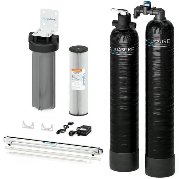 Aquasure 10 GPM Salt-Free Conditioning, Whole House Water Treatment System, Pleated Sediment Pre-Filter and UV Sterilizer