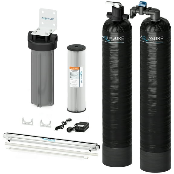 Aquasure 15 GPM Salt-Free Conditioning, Whole House Water Treatment System, Pleated Sediment Pre-Filter and UV Sterilizer