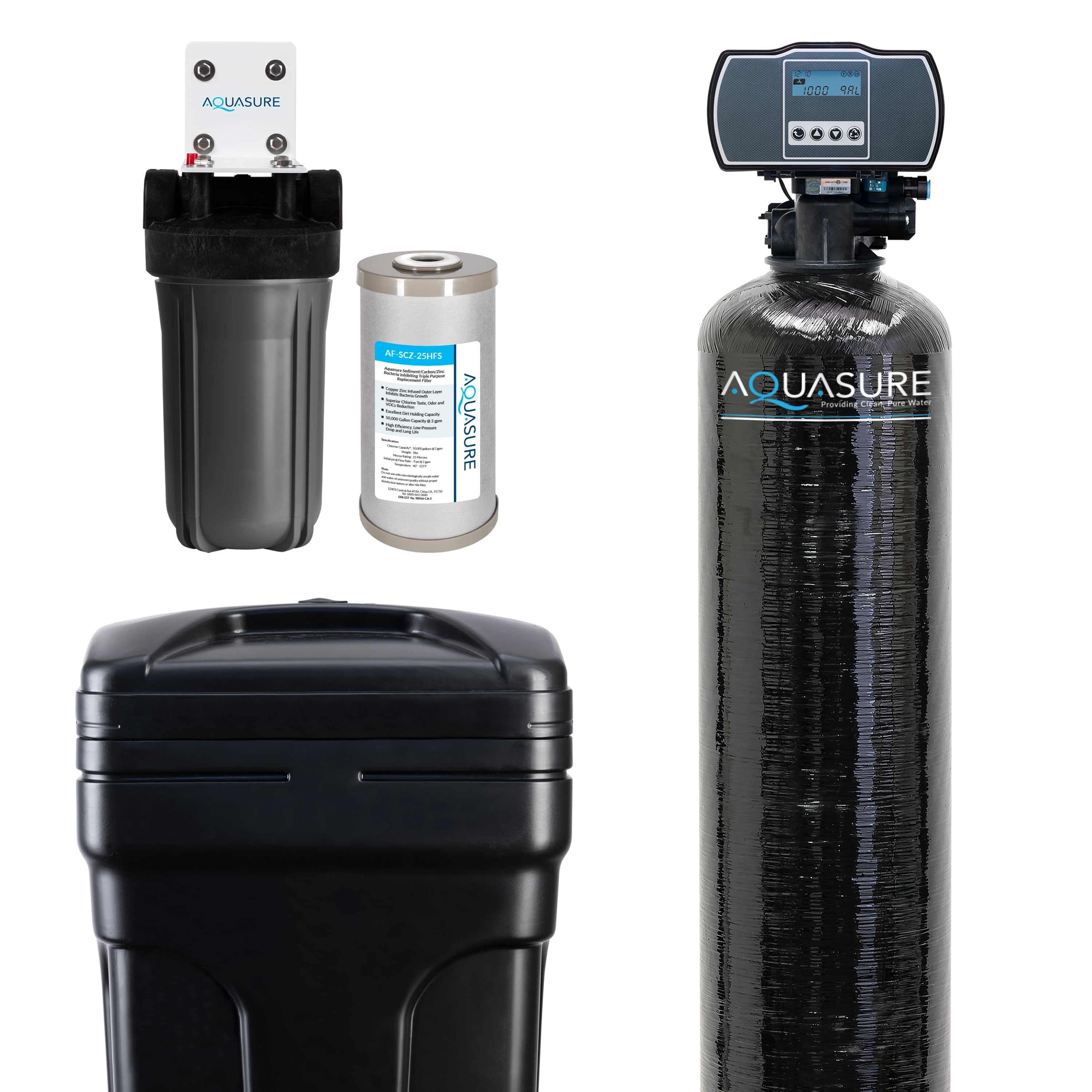 Aquasure 48,000 Grains Water Softener w/Aquatrol Digital Head and 10" Sediment Triple Purpose Whole House Water Filter