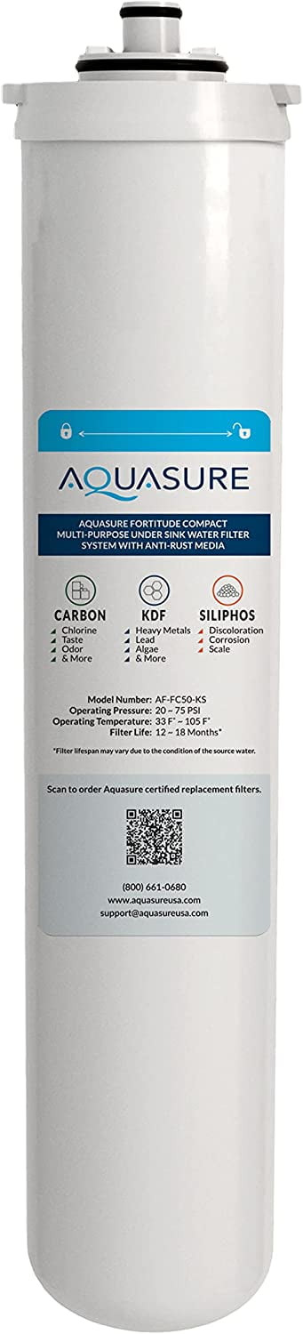 Aquasure Fortitude Compact 10K Gallons Under Sink Replacement Water Filter Cartridge with Carbon/KDF/Siliphos (AF-FC50-KS)