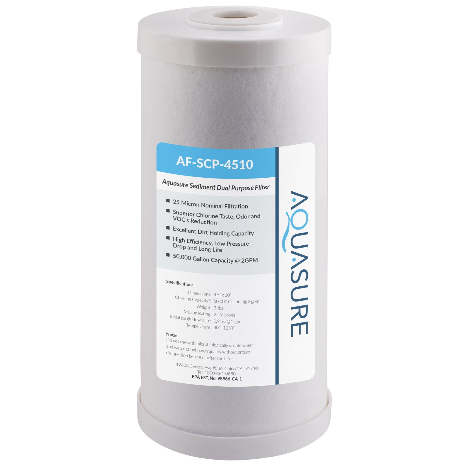 AQUASURE USA Aquasure Fortitude V Series 25 Micron Dual-Purpose Sediment and GAC Carbon Mesh Replacement Water Filter, Universal 10" x 4.5" Fit (AF-SCP-4510)