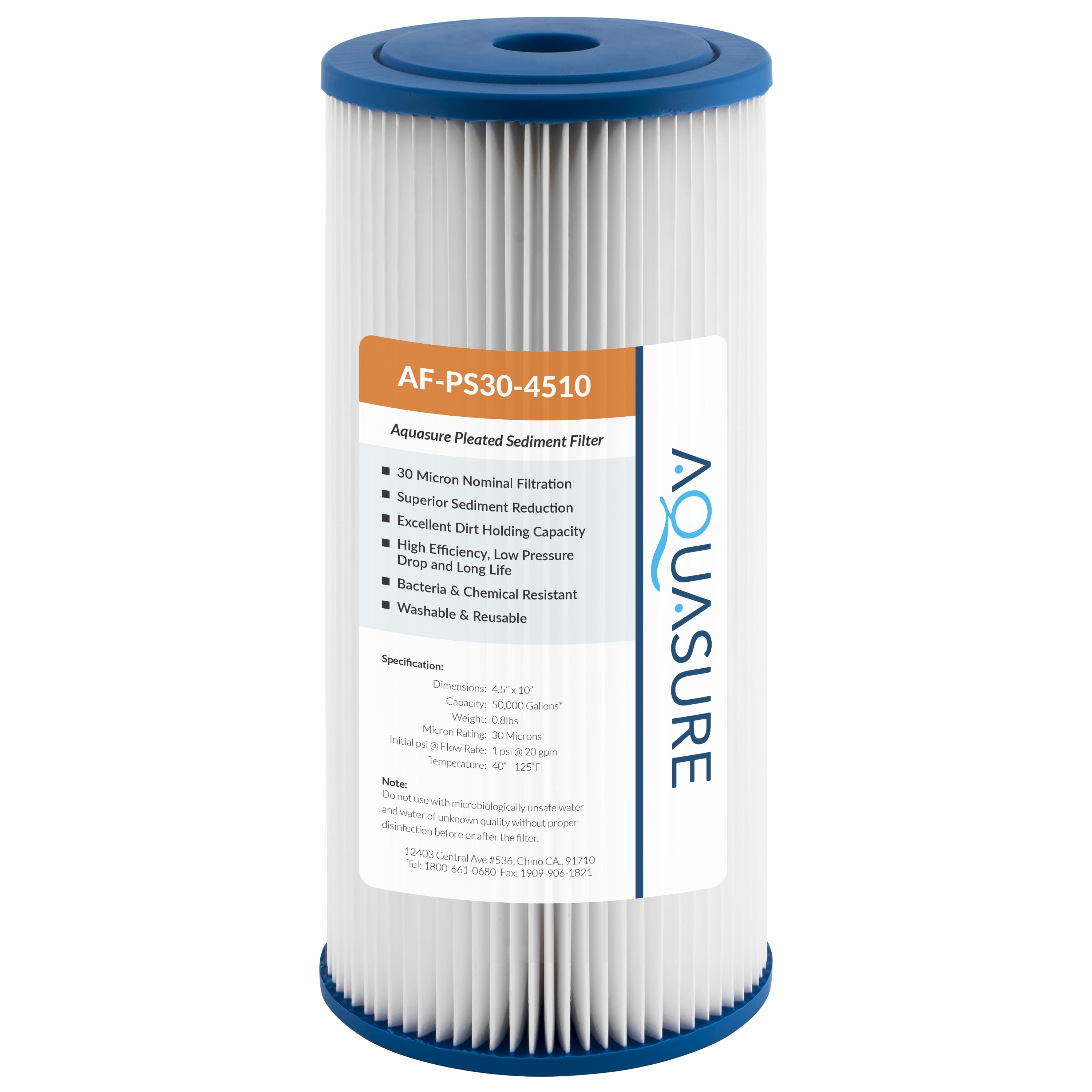 Aquasure Fortitude V Series 30 Micron Pleated Sediment Whole House Replacement Water Filter, Universal 10" x 4.5" Fit (AF-PS30-4510)