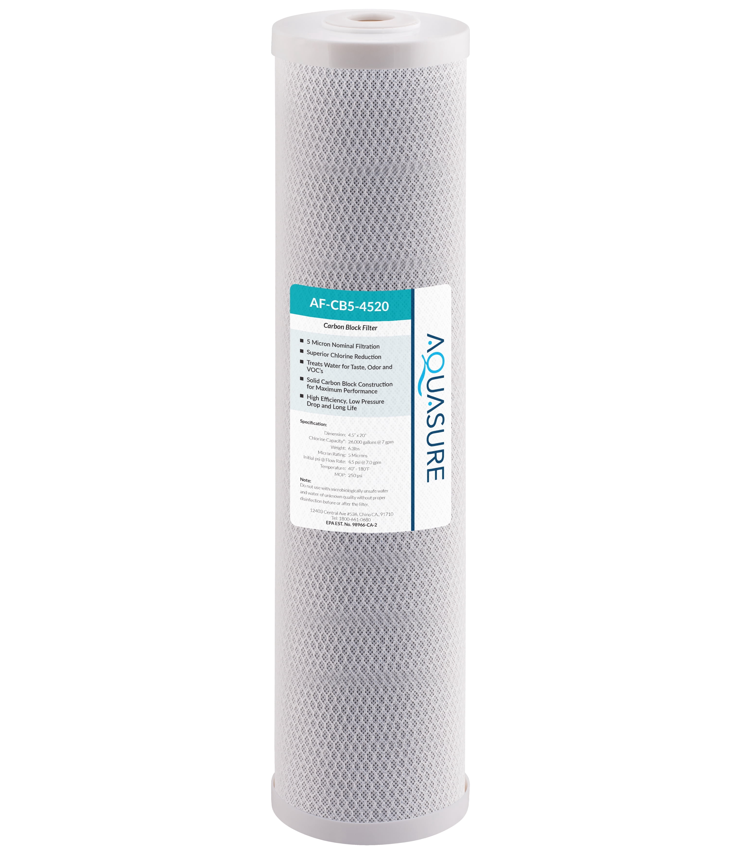 Aquasure Fortitude V Series 20" x 4.5" 5-Micron Coconut Carbon Block Whole House Replacement Water Filter (AF-CB5-4520)