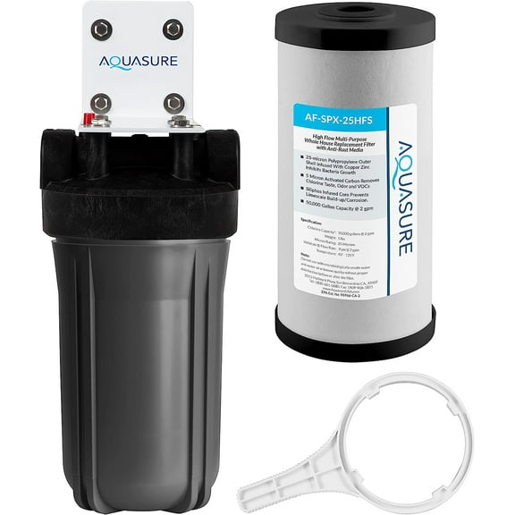 Aquasure Fortitude V2 Series Whole House Multi-Purpose Sediment/Carbon/Siliphos Anti-Rust, Bacteria & Scale Inhibiting Water Filter System, Small Size \| Reduces Chlorine, Taste & More (AS-FS-25SPX)