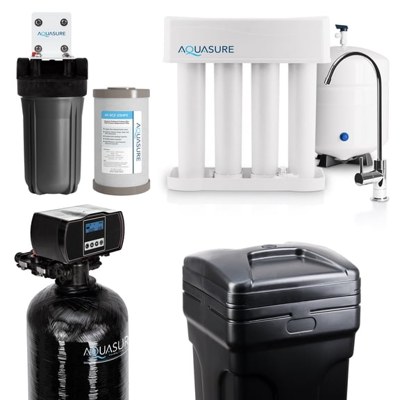 Aquasure 48,000 Grains Whole House Water Filtration Bundle with Fine Mesh Resin and 75 GPD RO System, for 4-6 bathrooms (AS-WHF48FM)
