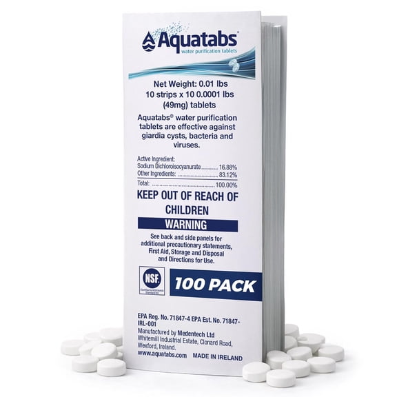 Aquatabs 100 pack Water Purification Tablets. New EPA approved package