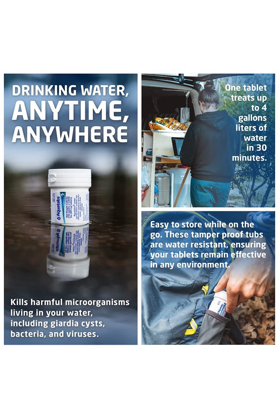 Aquatabs 397mg Water Purification Tablets (100 Pack) - Safe Drinking Water for Camping, RV, Emergency, and Travel