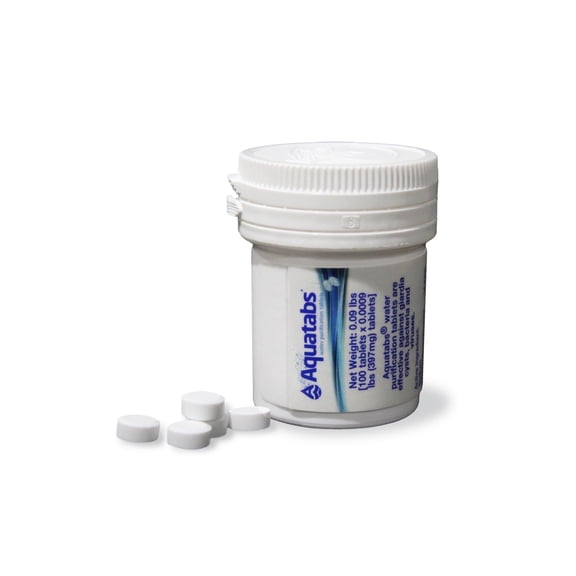 Aquatabs 397mg Water Purification Tablets (100 Pack). Fast Acting Water Filtration System for Camping, Hiking, Emergencies, and Outdoor Adventures