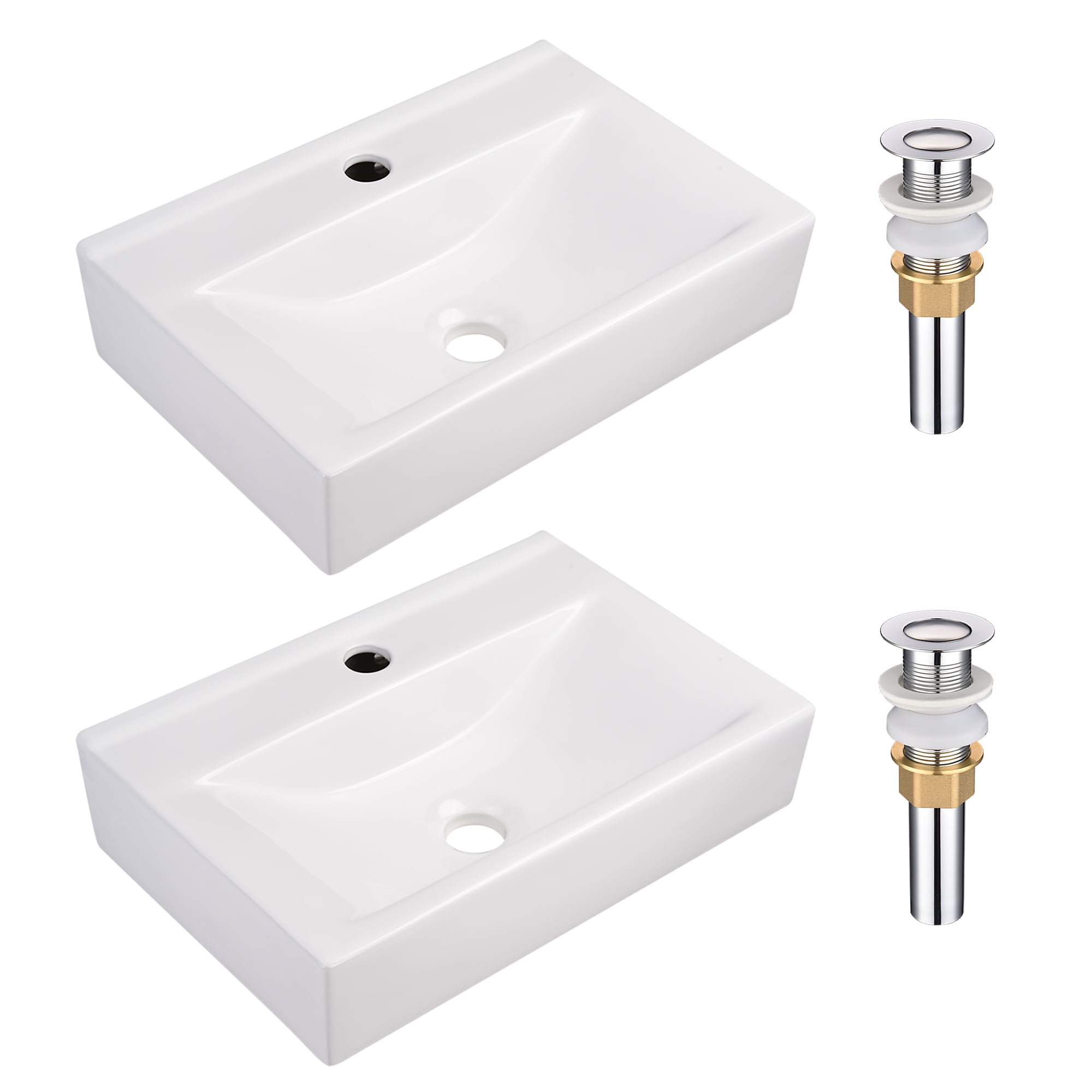 18" White Ceramic Wall-Mount Vessel Sink with Pop-Up Drain, Set of 2