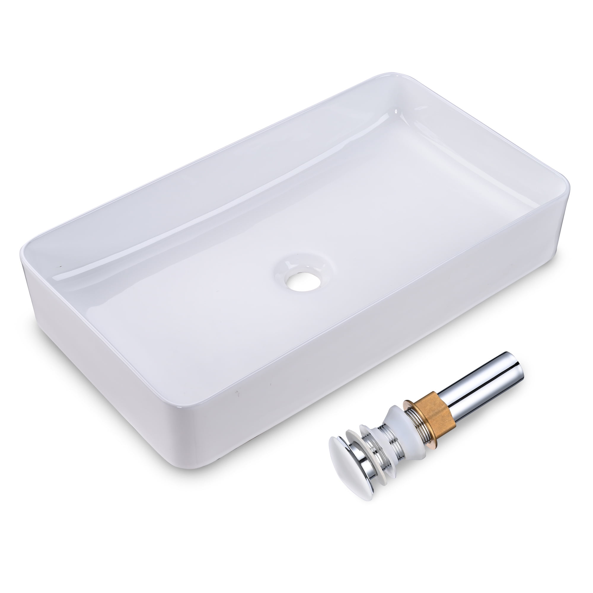 White Ceramic Rectangular Above-Counter Vessel Sink with Pop-Up Drain