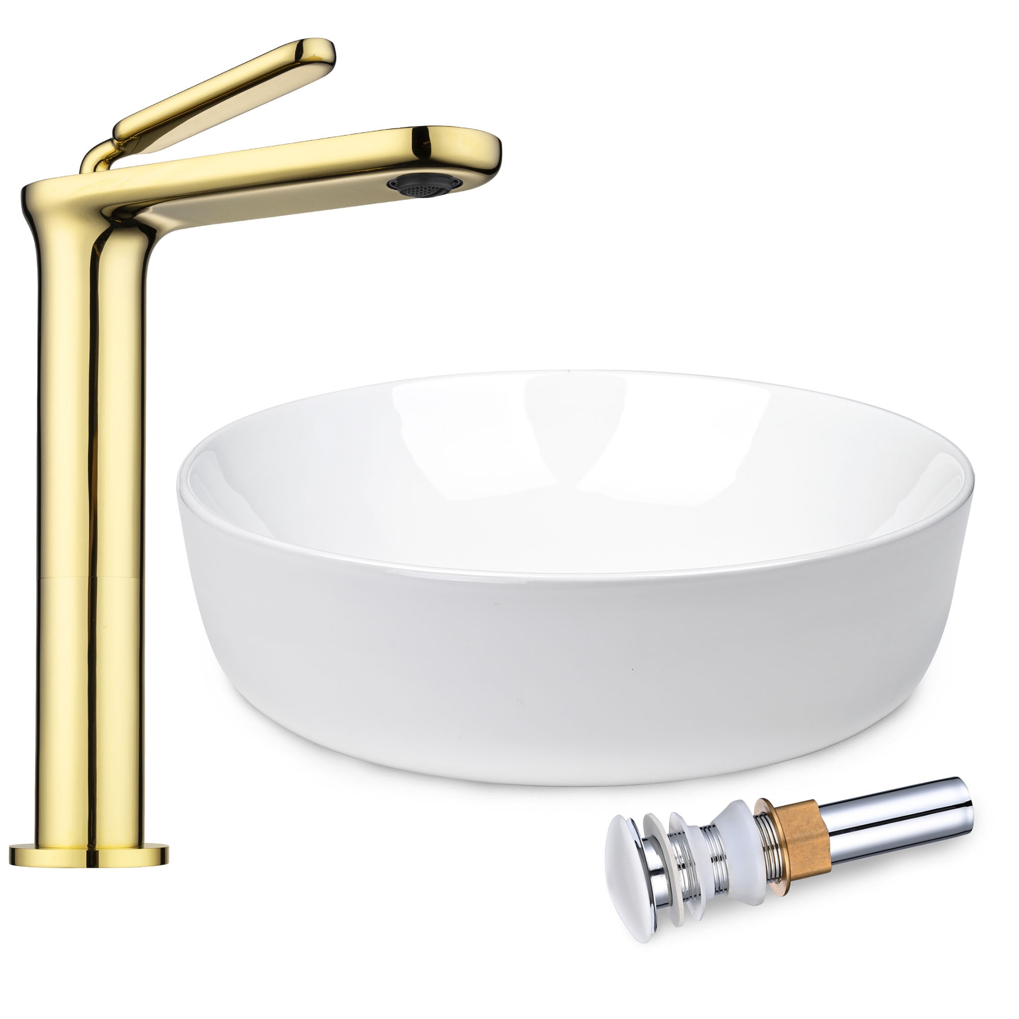 16" White Ceramic Bathroom Vessel Sink with Gold Faucet and Pop-Up Drain