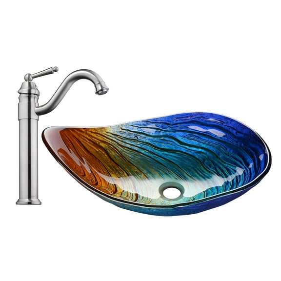 Aquaterior Bathroom Vessel Sink Tempered Glass WaterDrop w/ Single Handle Faucet