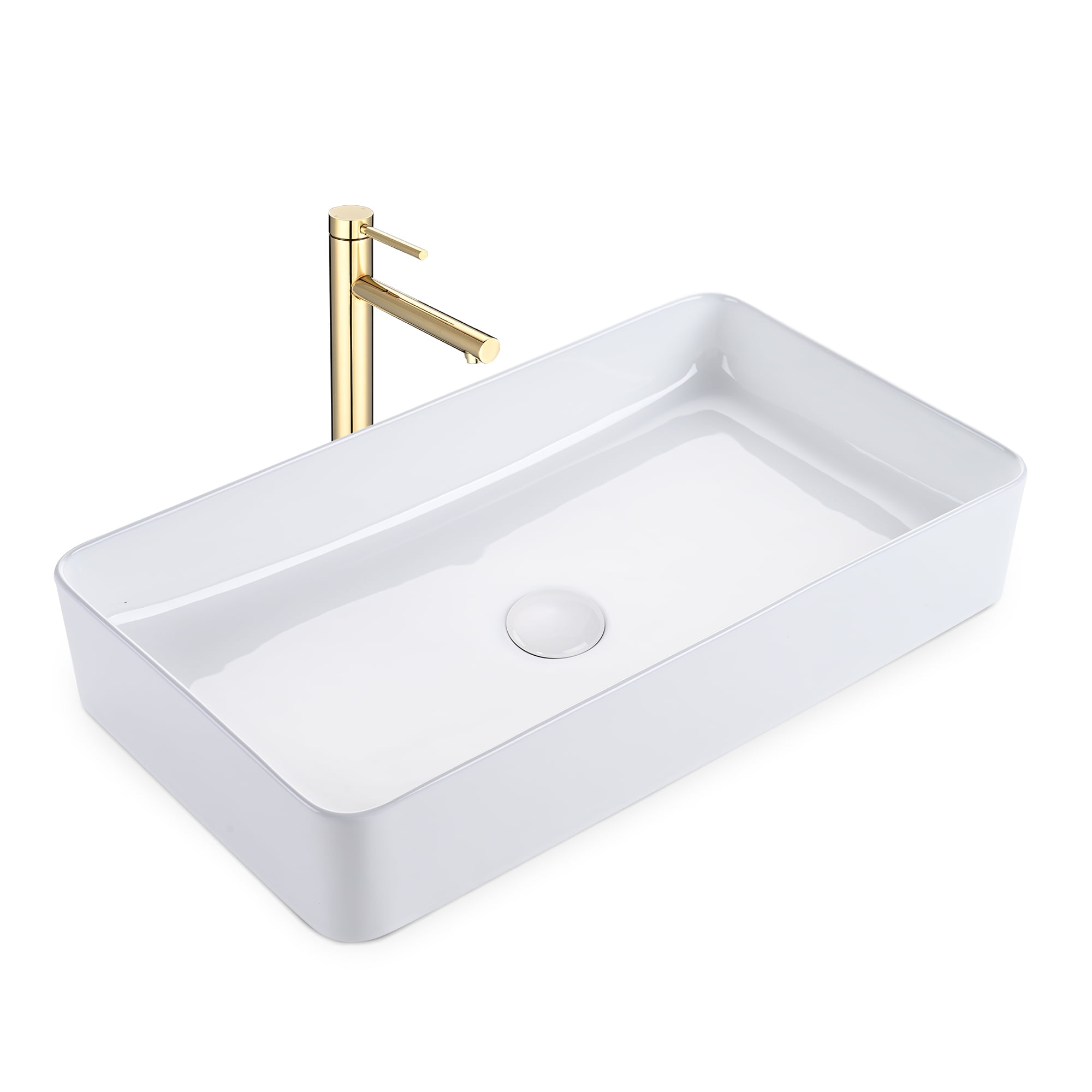 White and Gold Ceramic Rectangular Vessel Sink with Faucet