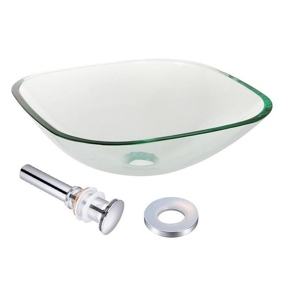 Aquaterior Square Tempered Glass Vessel Sink Basin with Chrome Mounting Ring and 1 5/8" Pop Up Drain Combo Set Bathroom