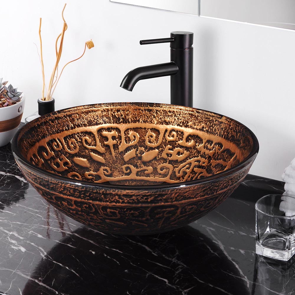 Bronze Antique Pattern Glass Circular Vessel Sink