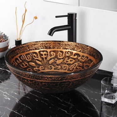 Aquaterior Tempered Glass Round Vessel Sink Antique Totem Pattern Above Counter Bathroom Lavatory Vanity Bowl Basin