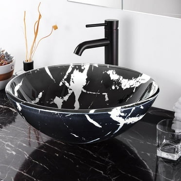 Aquaterior Tempered Glass Round Vessel Sink Artistic Marbling Pattern Above Counter Bathroom Lavatory Vanity Bowl Basin