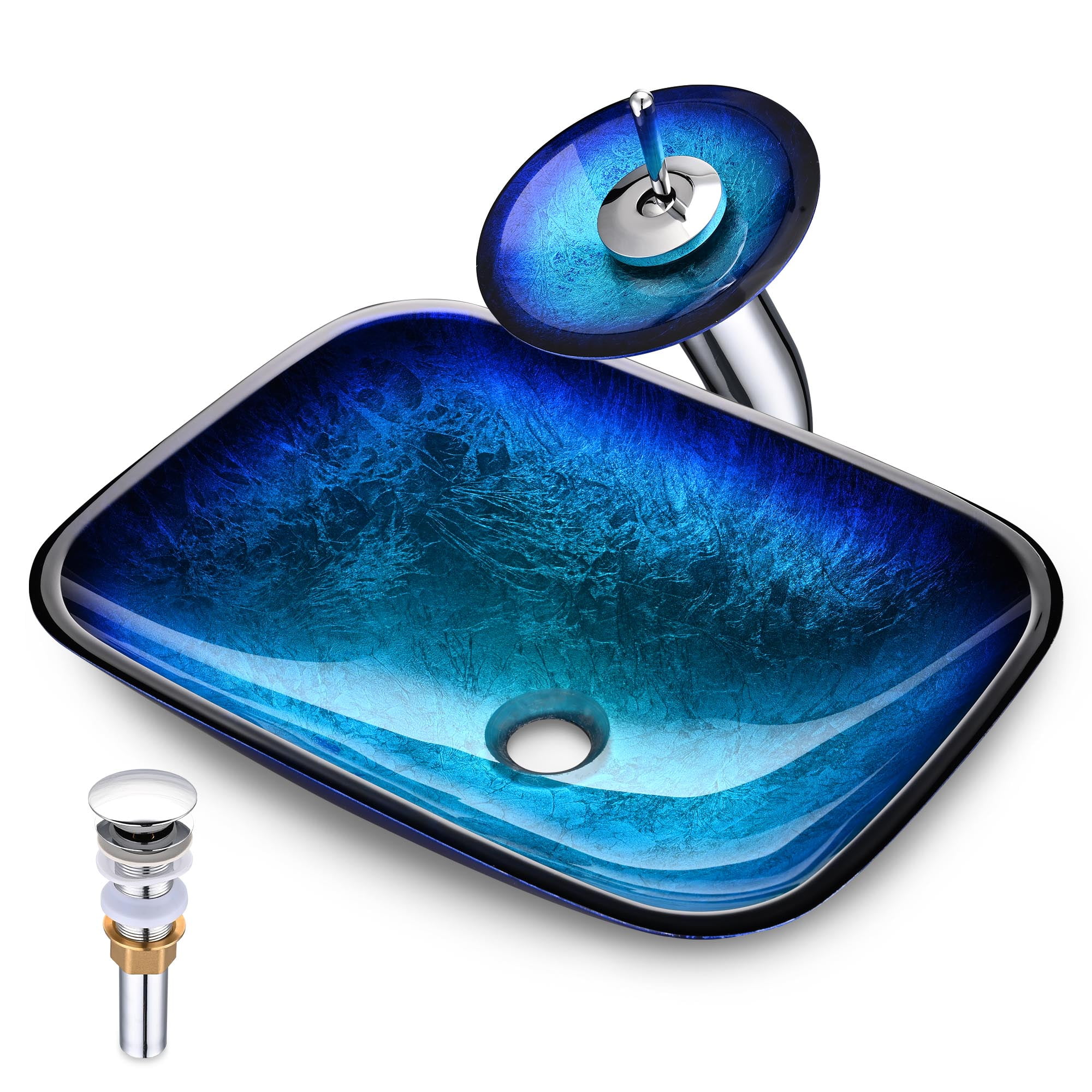 Blue Tempered Glass Rectangular Vessel Sink with Waterfall Faucet