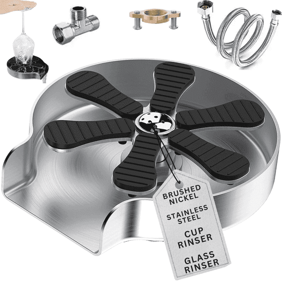 AquatiQ Stainless Steel Glass Rinser for Kitchen Sink, Cup Cleaner, Counter Top Bottle Washer, Brushed Nickel