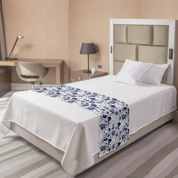 Aquatic Bed Runner, Pattern of Underwater Animals Jellyfish Octopus Starfish Turtles, Decorative Accent Bedding Scarf for Hotels Homes and Guestrooms, Twin, Pale Cadet Blue Indigo, by Ambesonne
