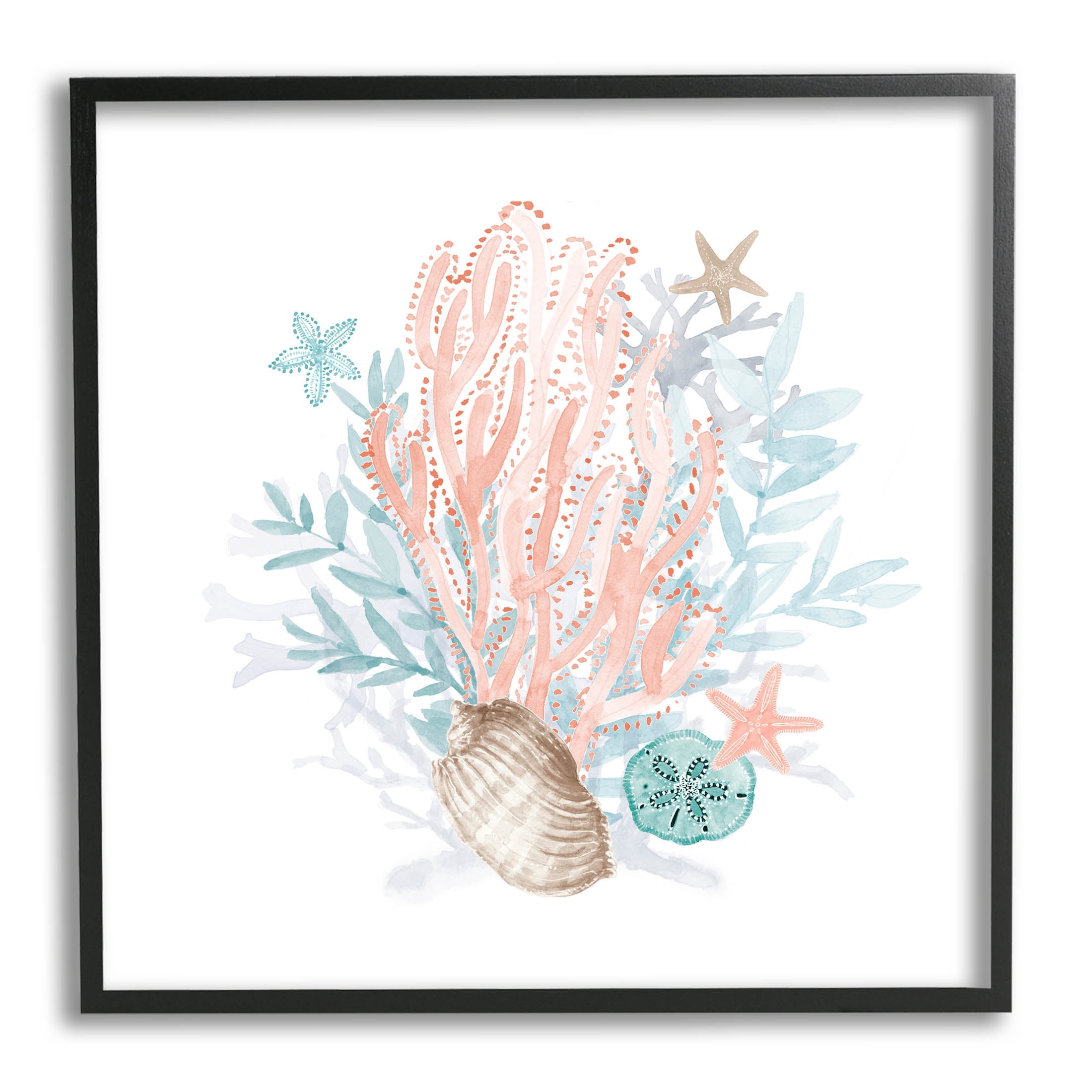 Aquatic Coral Pattern Seashells Animals & Insects Graphic Art Black Framed Art Print Wall Art