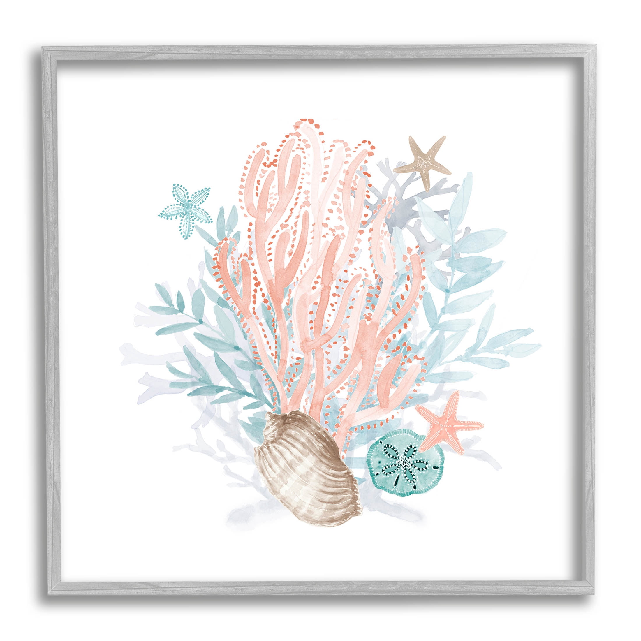 Aquatic Coral Pattern Seashells Animals & Insects Graphic Art Gray Framed Art Print Wall Art