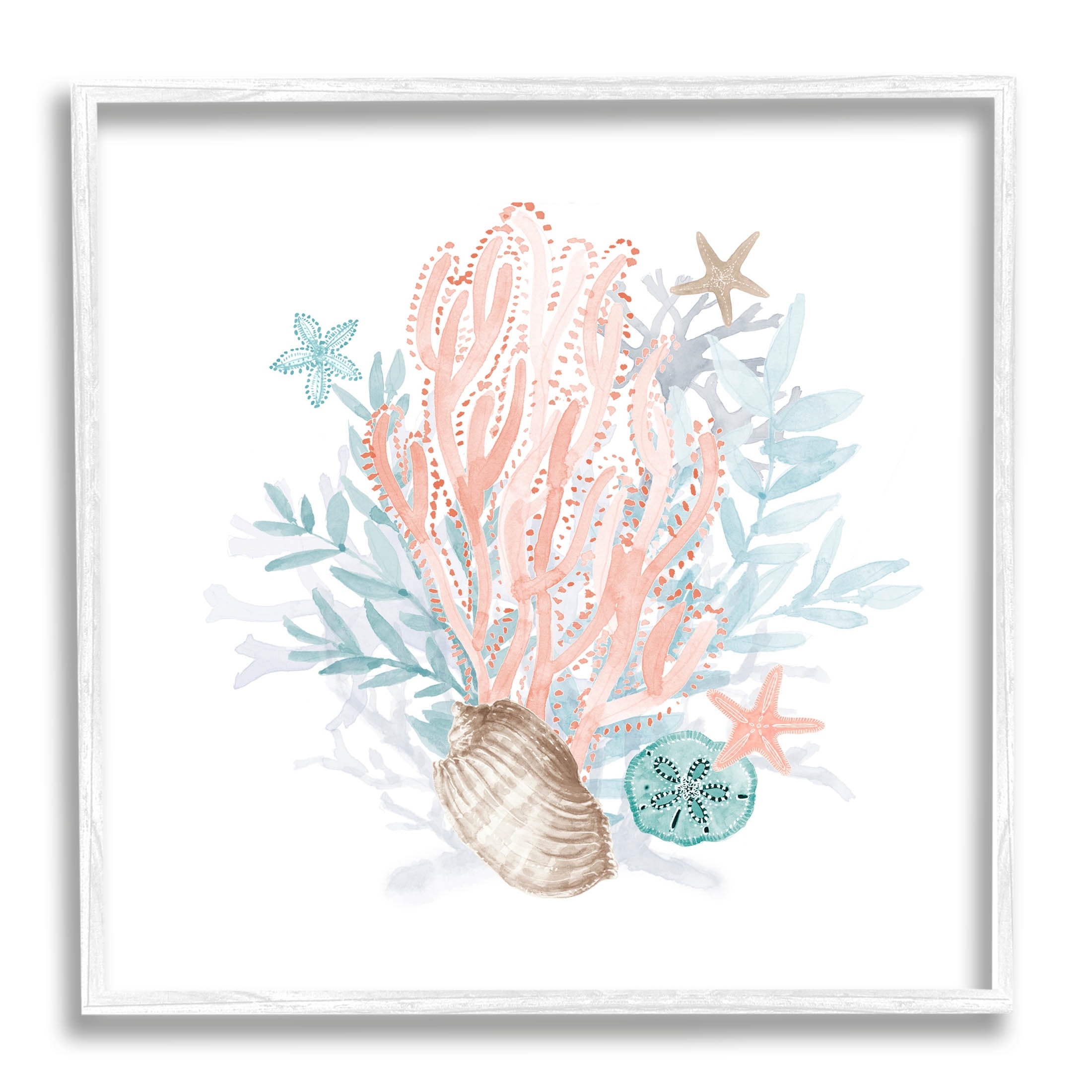 Aquatic Coral Pattern Seashells Animals & Insects Graphic Art White Framed Art Print Wall Art