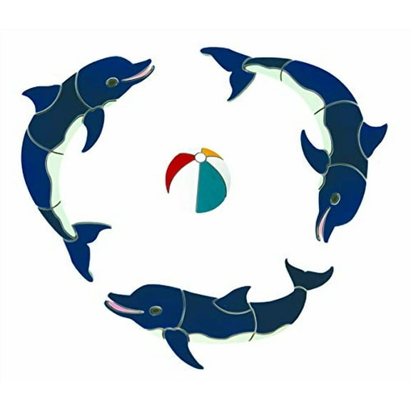 Aquatic Custom Tile 3 Dolphin Grouping with Beach Ball Porcelain Swimming Pool Mosaic (26"x 26")
