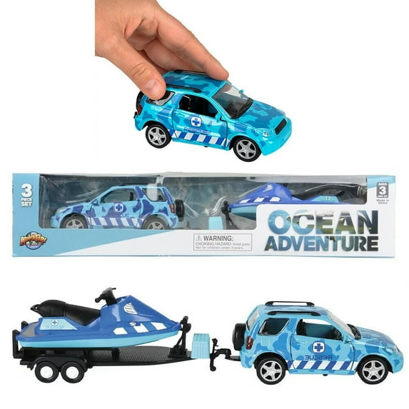 Aquatic Diecast 4 X 4 Blue Rescue Rover (Metal) + Jet Ski + Trailer (Plastic)