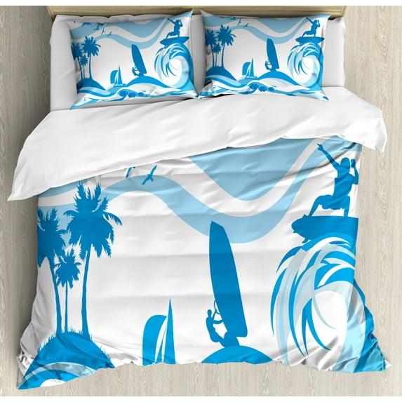 Aquatic Duvet Cover Set, Surfer on Waves Water Sports Recreation Palms Sea Sailboats Summertime Holiday, Decorative 3 Piece Bedding Set with 2 Pillow Shams, Calking Size, Blue Pale Blue, by Ambesonne