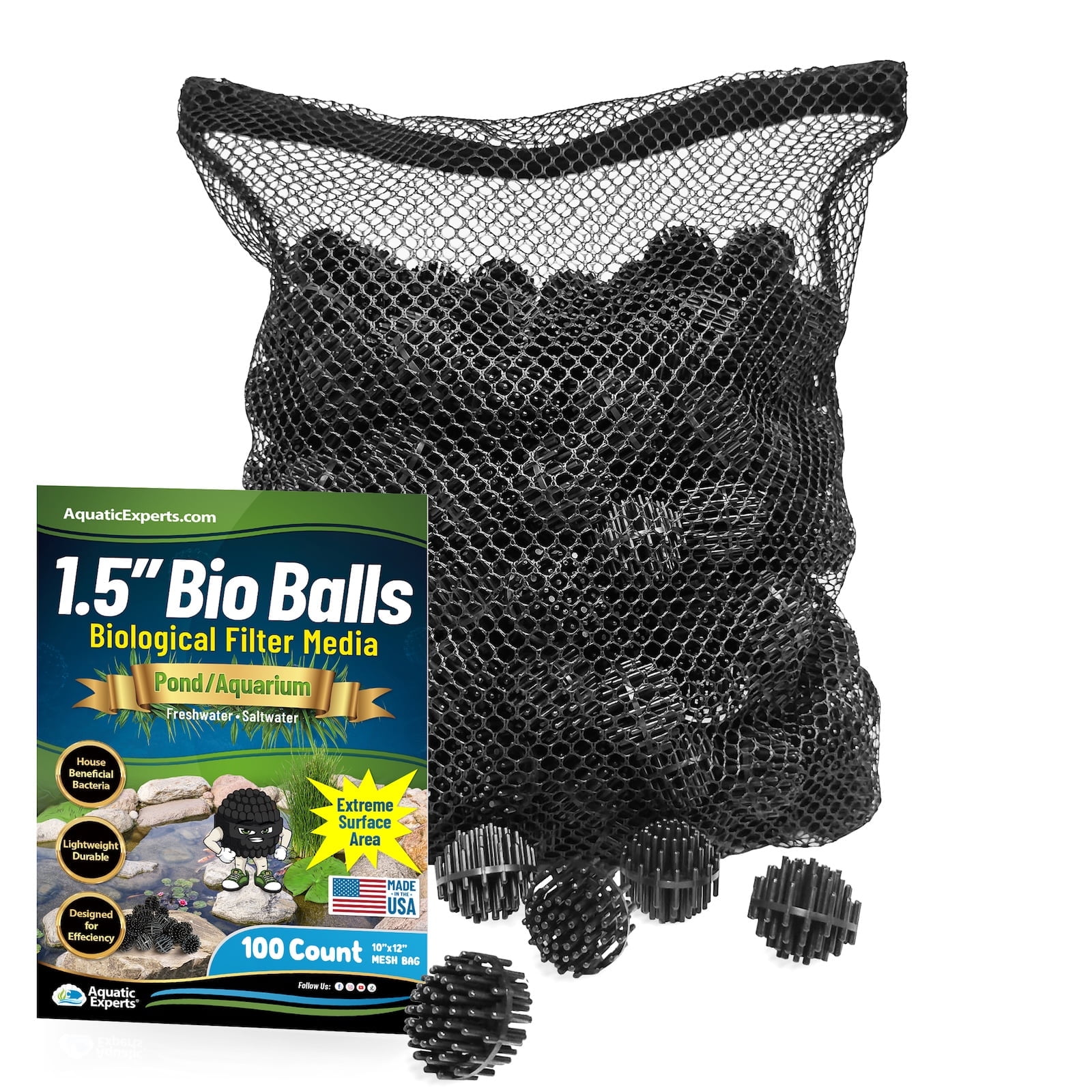 1.5 Inch Black Polypropylene Bio Balls Filter Media with Mesh Bag, 100 Count