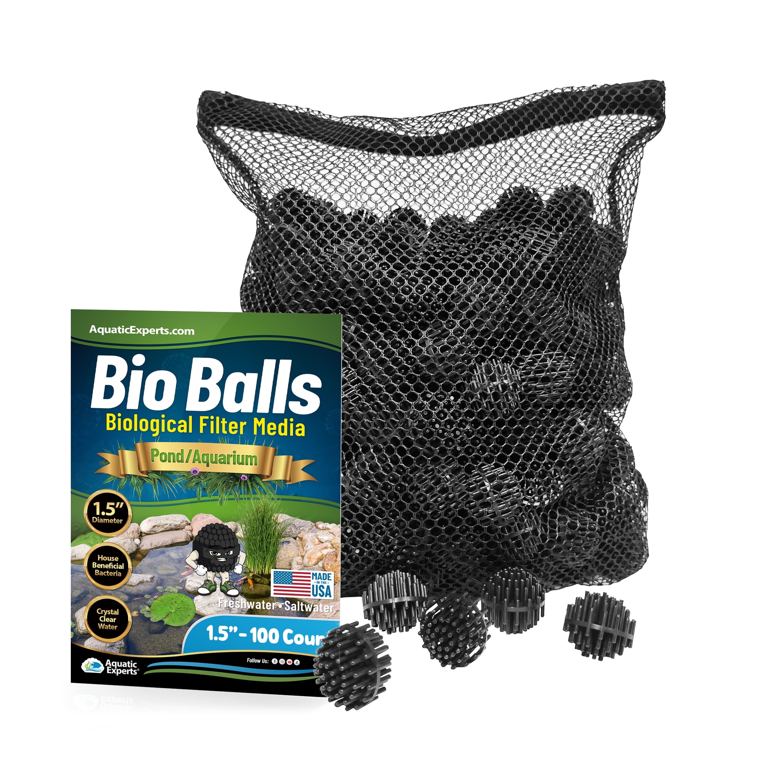 1.5 Inch Black Polypropylene Bio Balls Filter Media with Mesh Bag, 100 Count