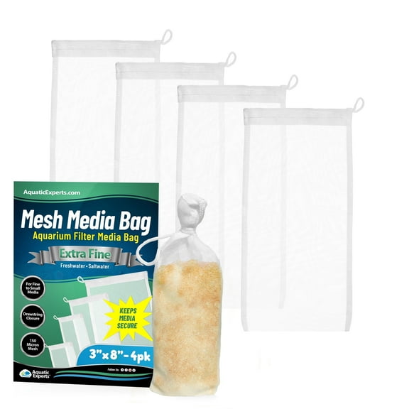 Aquatic Experts - Extra Fine Reusable Mesh Filter Media Drawstring Bags for Aquarium Filtration, 4 Pack, 3" x 8"