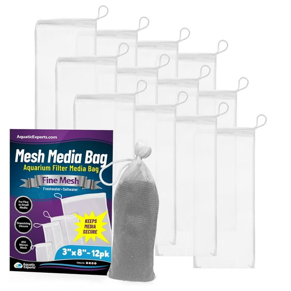 Aquatic Experts - Premium Reusable Aquarium Filtration Fine Mesh Media Filter Bags with Drawstring, 12 Pack, 3" x 8"
