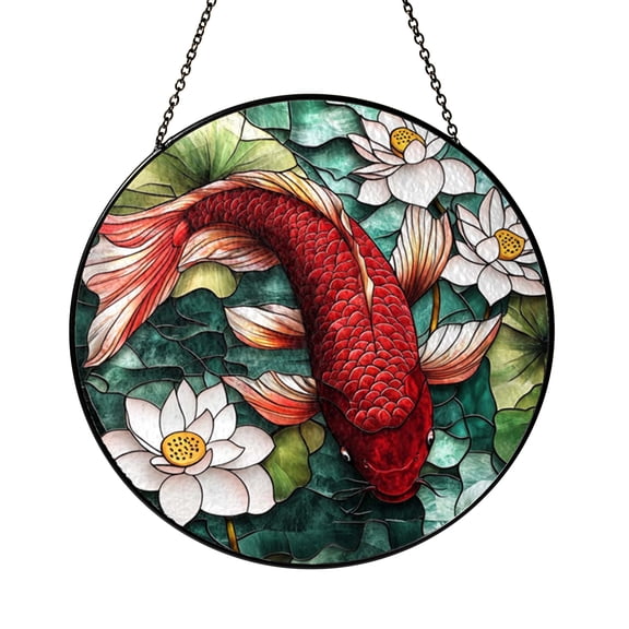 Aquatic Fish Stained Glass Style Window Hanging, Water Garden Art Panel, Decorative Glass Style Window Decor for Nature Inspired Accent