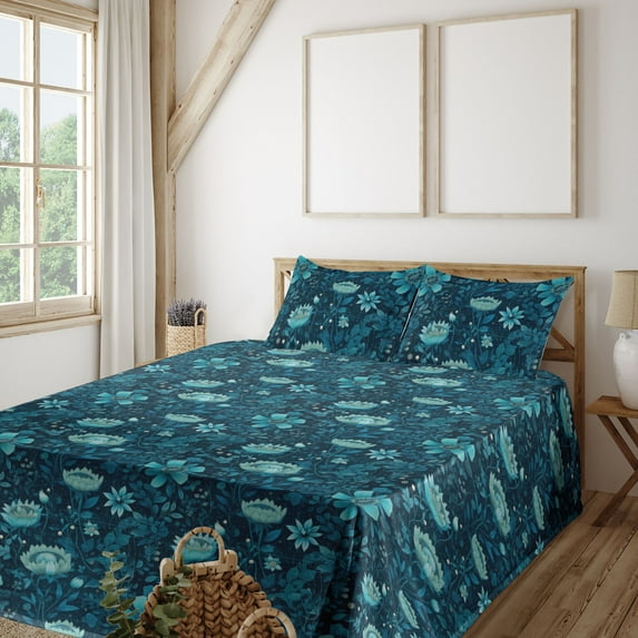 Ambesonne Aquatic Floral Fitted & Flat Sheet with Shams 4 Pcs Set, Dreamy Night Flowers, Calking, Petrol Blue Dark Teal