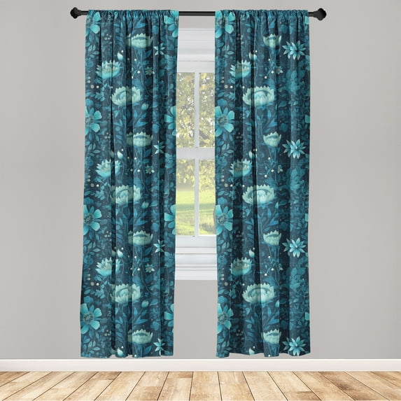 Aquatic Floral Window Curtains, Blooming Dreamy Night Flowers and Leaves Garden Branches Print, Lightweight Decor 2-Panel Set with Rod Pocket, Pair of - 28"x63", Petrol Blue Dark Teal, by Ambesonne