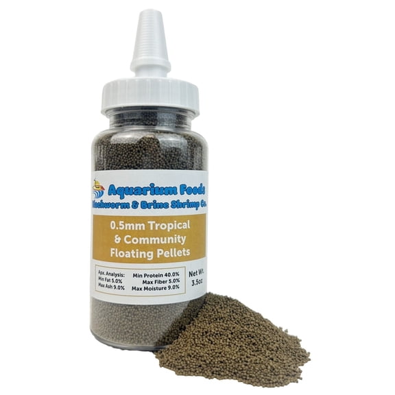 0.5mm Tropical & Community Fish Micro Floating Pellets for Baby Cichlids, Bettas, Tetras, Guppies, Goldfish, Koi, Pond Fish - 2.5oz Med Squeeze Bottle