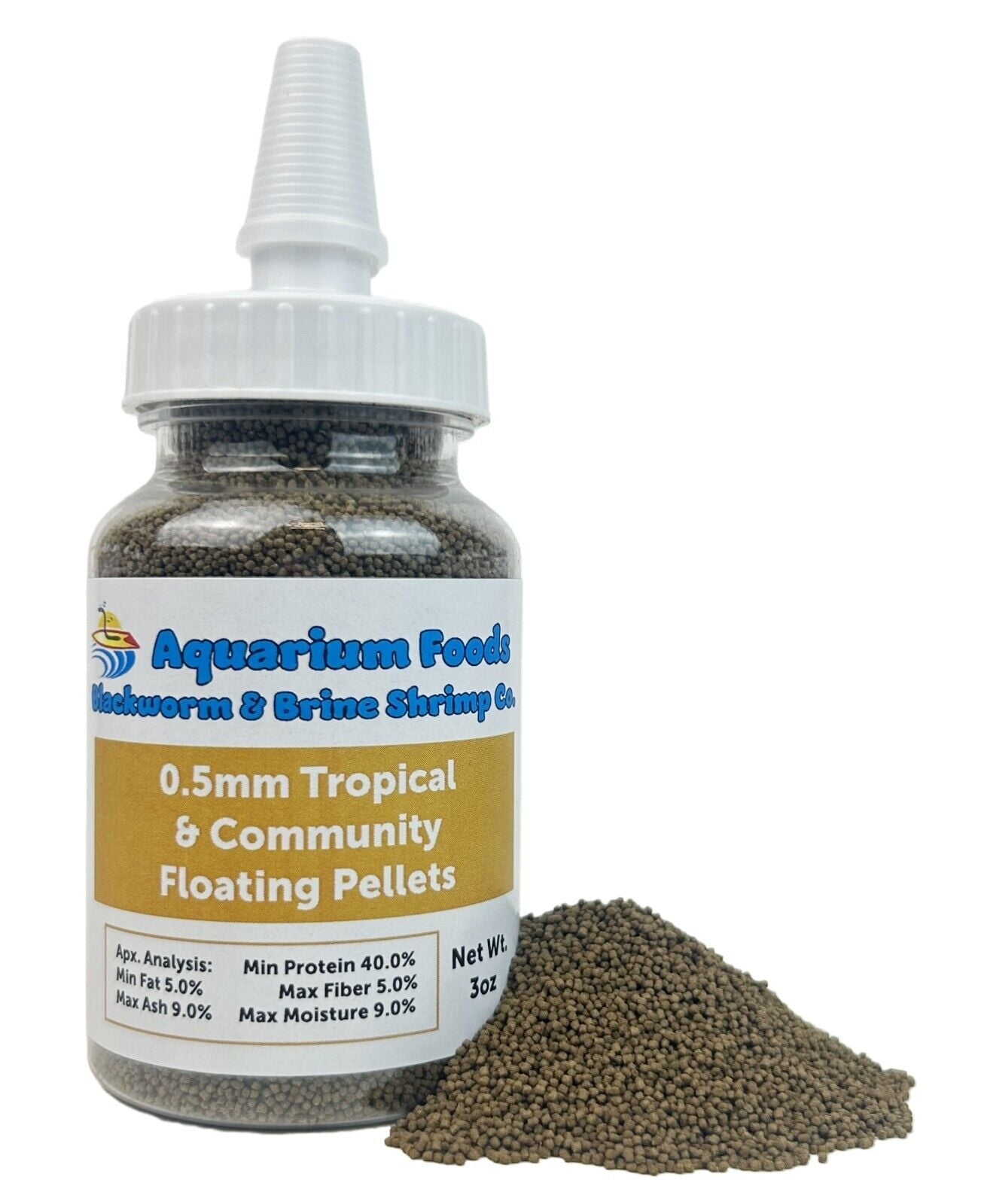 Aquatic Foods Inc. 0.5mm Tropical & Community Fish High Protein Micro Floating Pellets for Baby Cichlids, Bettas, Tetras, Guppies, Goldfish, Baby Koi & Pond Fish3oz Squeeze Bottle