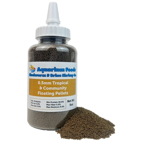0.5mm Tropical & Community Fish Micro Floating Pellets for Baby Cichlids, Bettas, Tetras, Guppies, Goldfish, Koi, Pond Fish - 3.5oz SM Squeeze Bottle