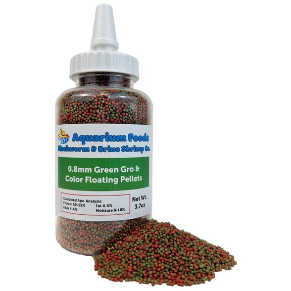 0.8mm 1/32" Intense Color Enhancing & Spirulina Green Gro Floating Pellets for Guppies, Tetras, Bettas, Nano Fish, Baby Fish - 3.7oz Squeeze Bottle