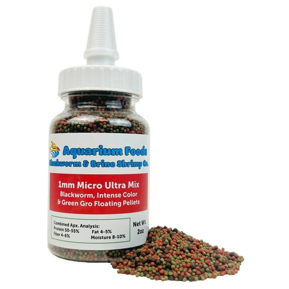 1mm Ultra Mix of Blackworm, Intense Color Enhancing & Spirulina Pellets for Guppies, Tetras, Bettas, Nano Fish, Baby Fish - 2oz Squeeze Bottle