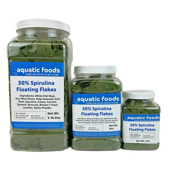 Aquatic Foods Inc. 30% Spirulina Premium Flakes for African Cichlids, All Central and South American Cichlids, Koi, Pond Fish, All Community Tropical Fish...WL 2oz Sm Jar